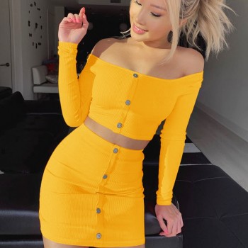 2019 Sexy Off Shoulder Two Piece Set Solid Button Bodycon 2 Piece Set Women Long Sleeve Top And Skirt Summer Autumn Sets